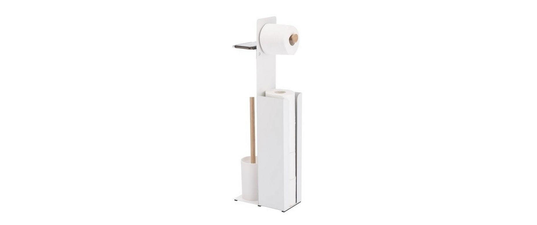 Spirella WC-Garnitur Yoni – Bambus/Stahl, Weiss, inkl. Papierreserve, 12 × 22 × 67 cm