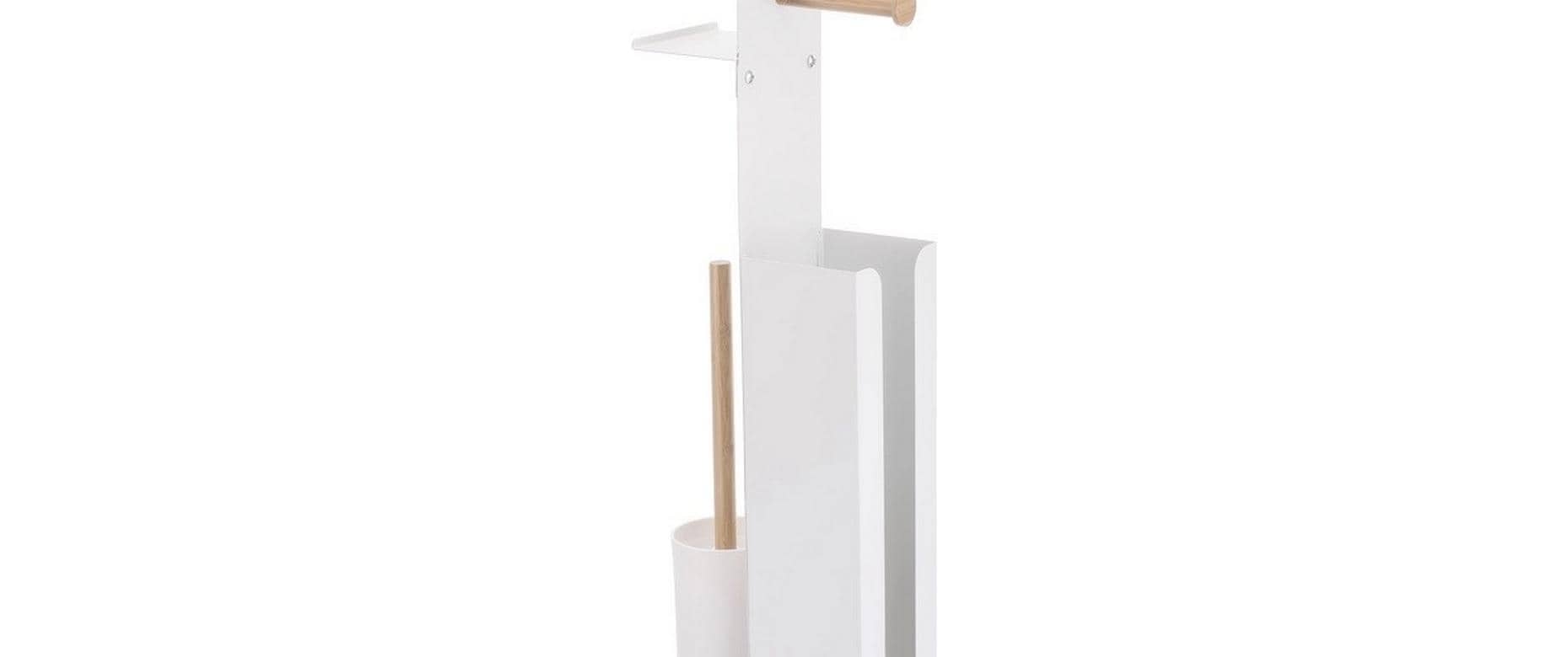 Spirella WC-Garnitur Yoni – Bambus/Stahl, Weiss, inkl. Papierreserve, 12 × 22 × 67 cm
