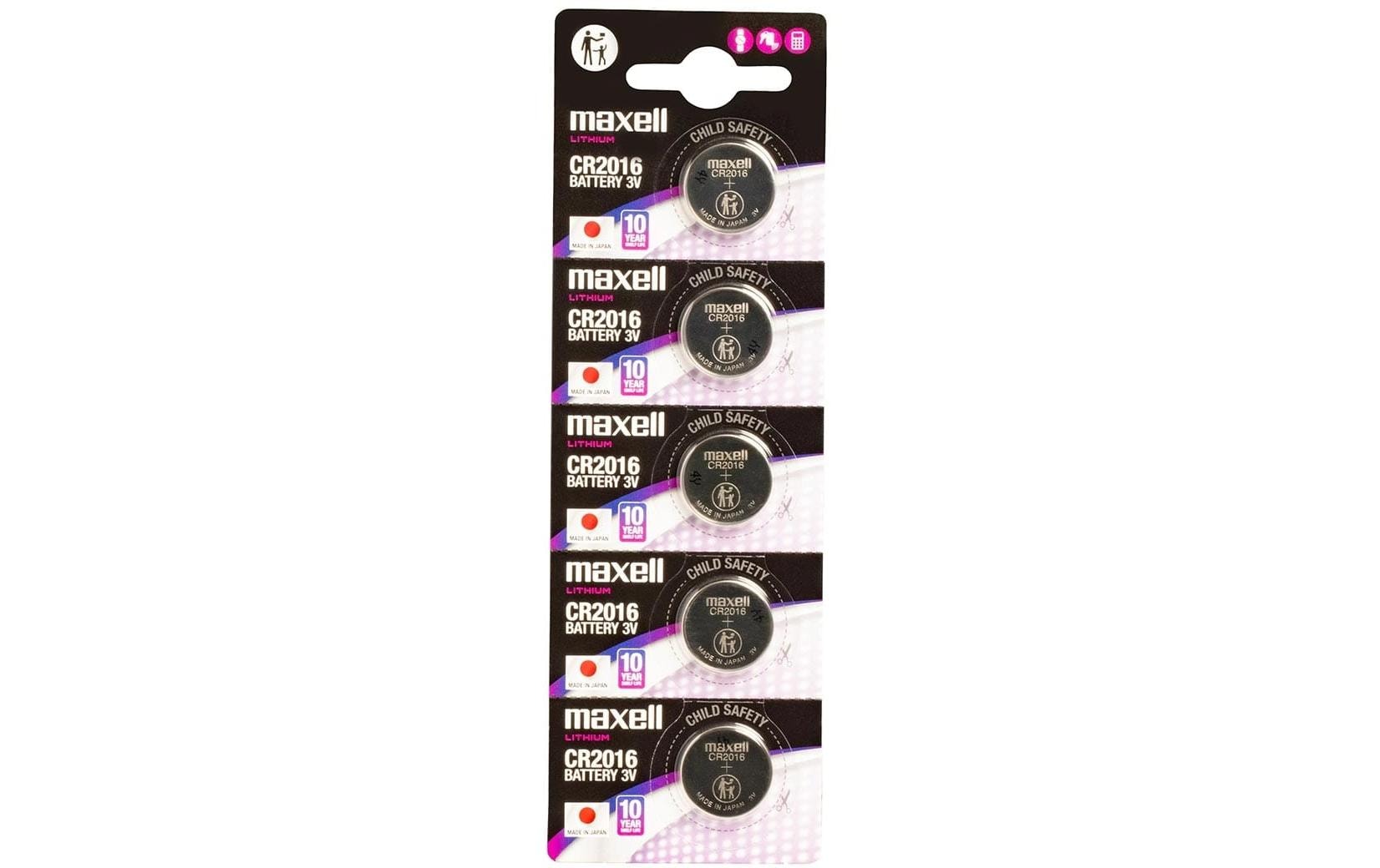 Maxell Knopfzellen CR2016, Lithium-Mangandioxid, 3 V – 5 Stk.