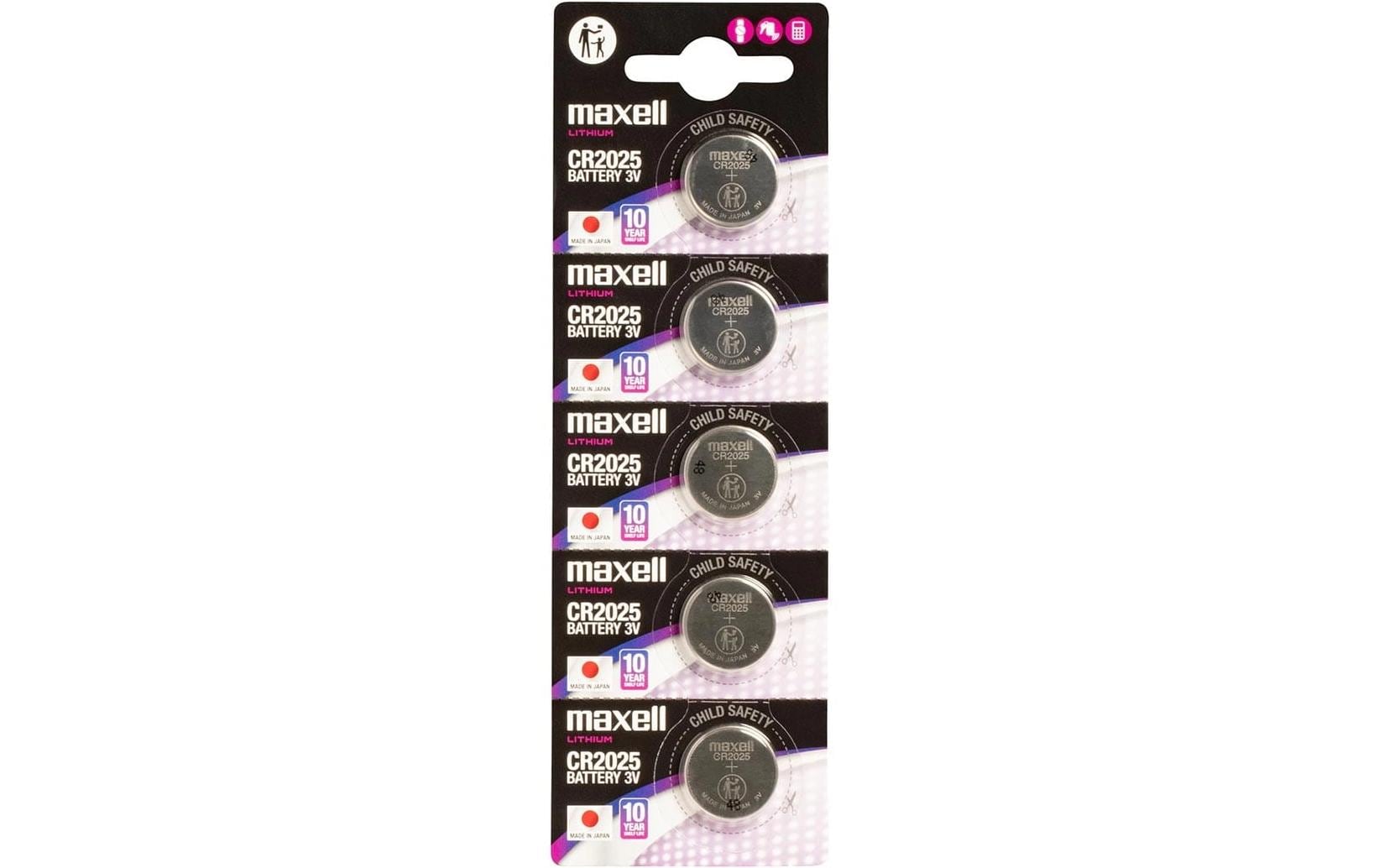 Maxell Knopfzellen CR2025, Lithium-Mangandioxid, 3 V – 5 Stk.