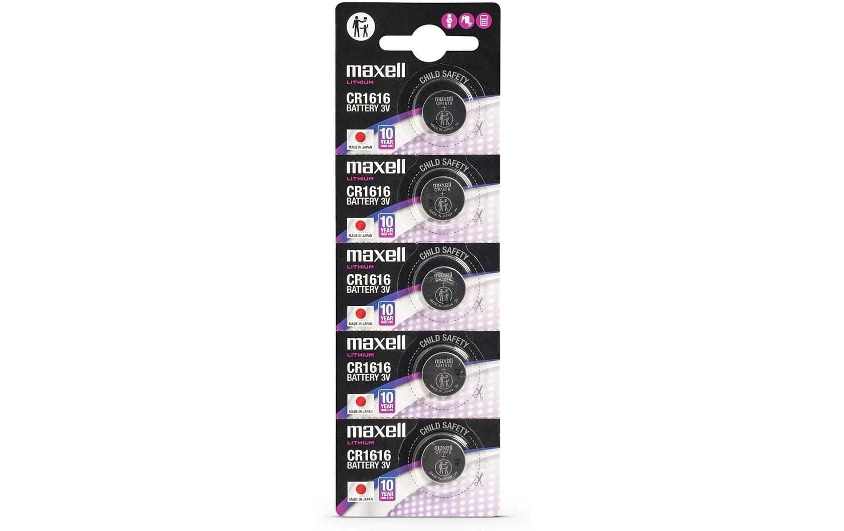Maxell Knopfzellen CR1616, Lithium-Mangandioxid, 3 V – 5 Stk.