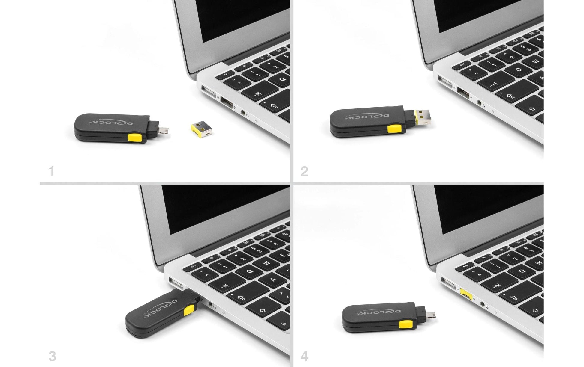 DeLOCK USB-Portblocker Set – mit Schlüssel – Schwarz/Gelb – für USB-A – 4 Stk