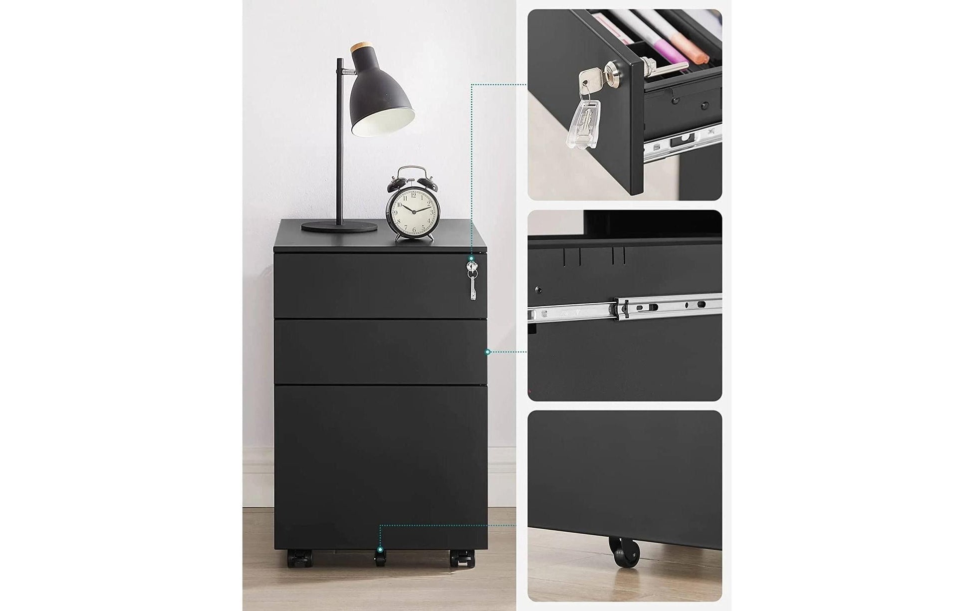 Songmics Rollcontainer – Stahl, schwarz, abschliessbar, 39 × 60 × 52 cm