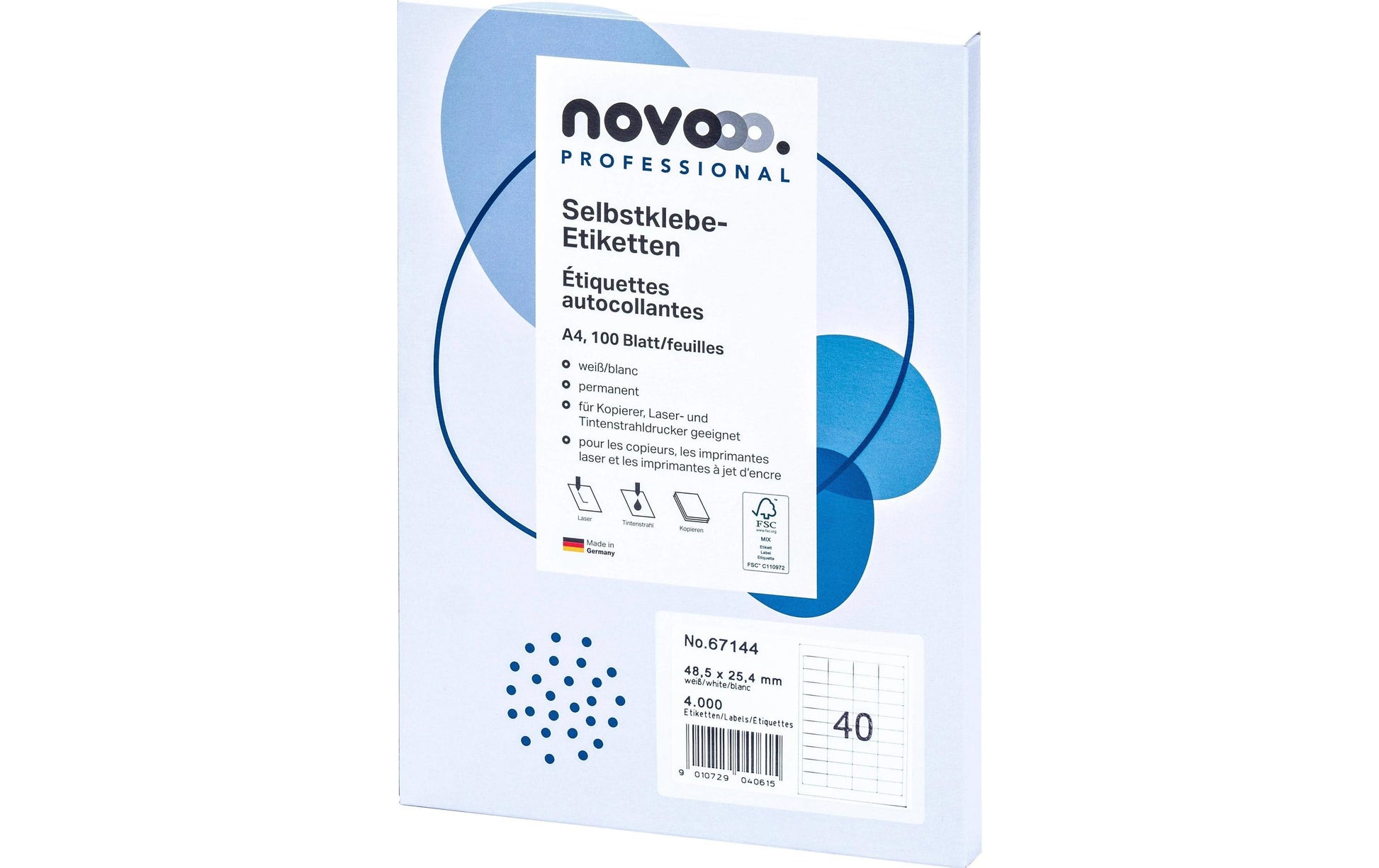 novooo. 67144 – Etiketten A4 49 × 25 mm – Papier, weiss – permanent haftend – Laser – 40/Stück, 100 Blätter