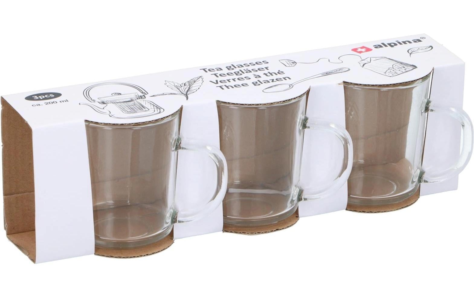 Alpina Teetasse – 3er Set, 200 ml, Glas, Transparent, mit Henkel, spülmaschinenfest