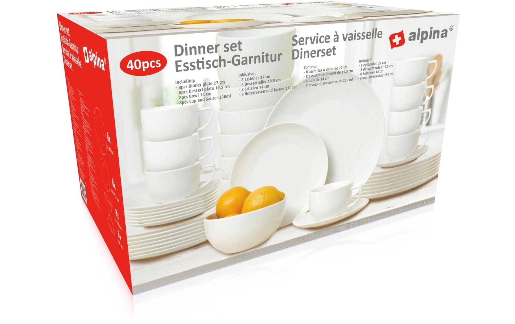 Alpina Geschirrset – 40-teiliges Set, Porzellan, Weiss, spülmaschinenfest, mikrowellenfest