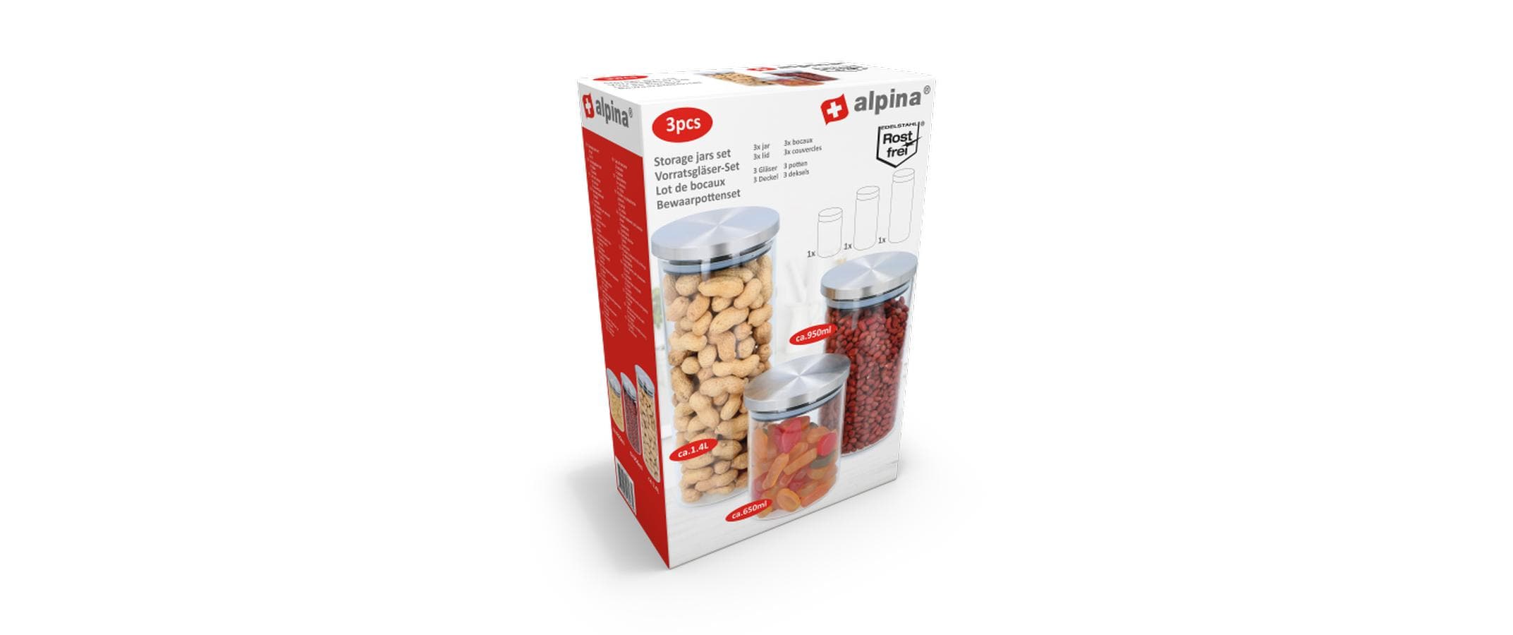 Alpina Vorratsglas – 3-teiliges Set, 650 ml, 950 ml, 1,4 l, Glas, mit Deckel, mikrowellengeeignet