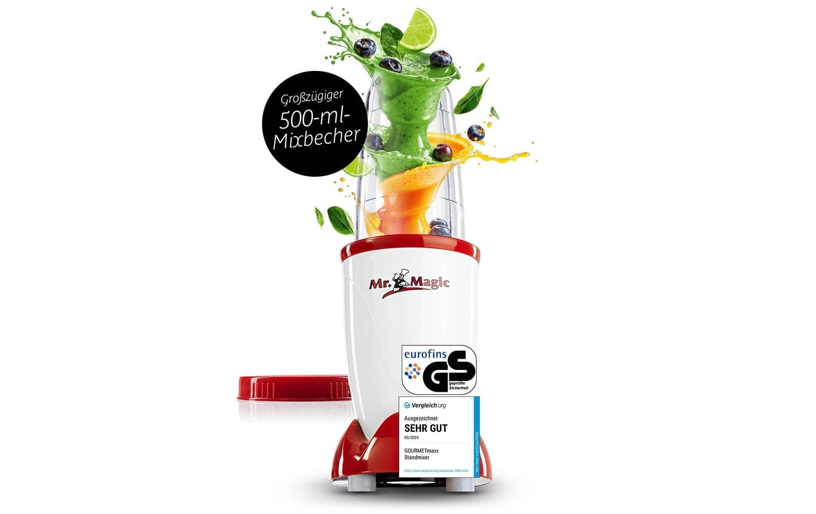 Gourmetmaxx Smoothie-Mixer Mr. Magic – 0,5 l, 250 W, spülmaschinenfest – rot/weiss