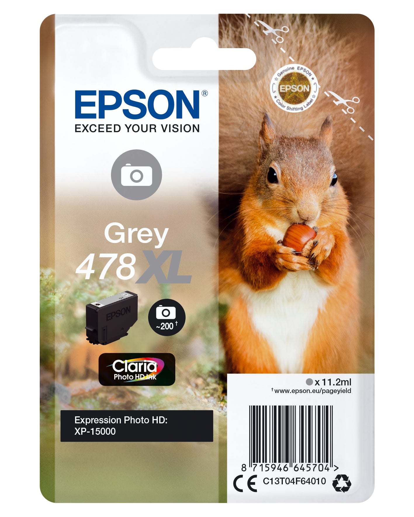 Epson 478XL Grau Tintenpatrone (Original) – 200 Seiten – für Expression Photo HD XP-15000 – C13T04F64020