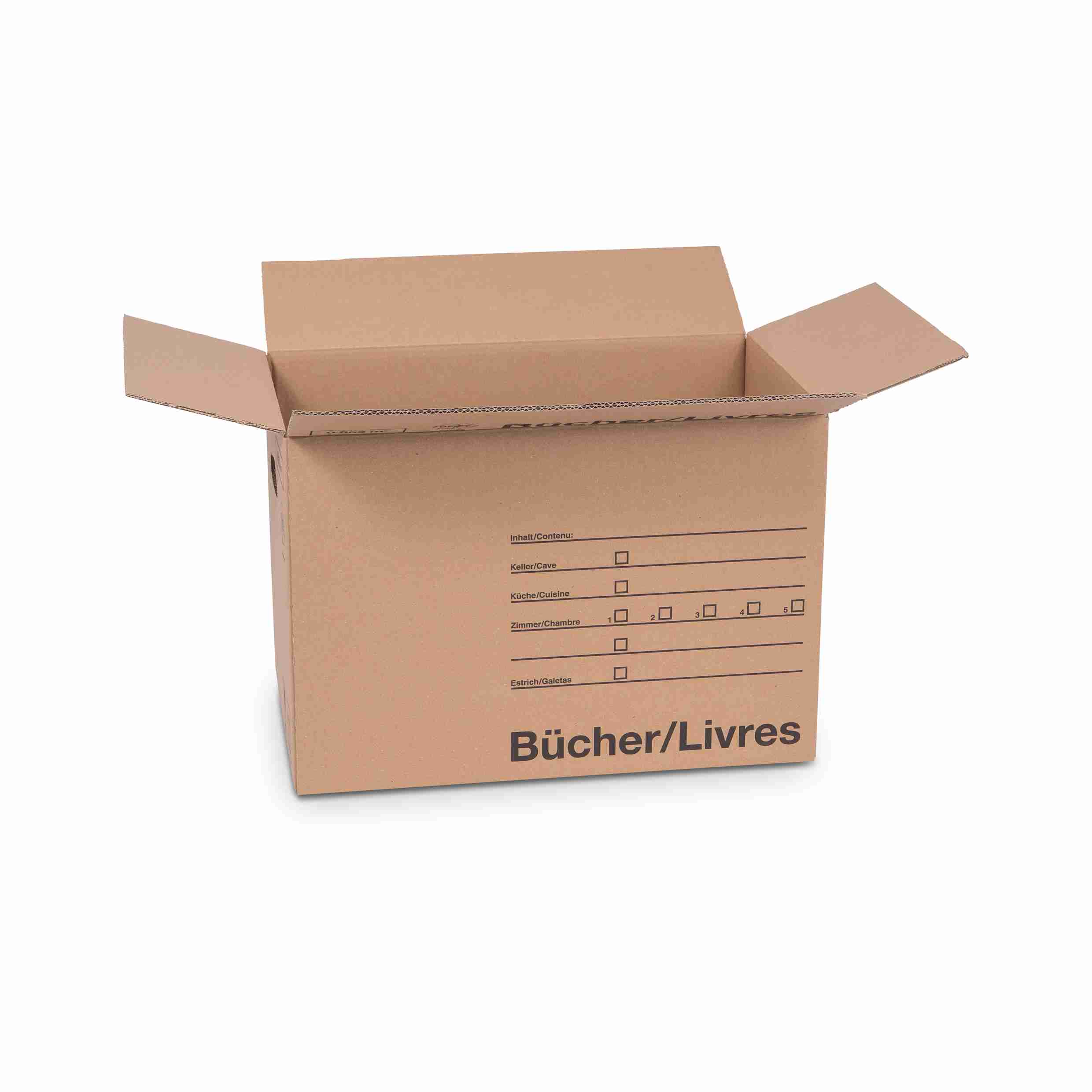 Model Umzugskarton – 490 × 288 × 330 mm, braun, Wellkarton, Grifflöcher, Formularfelder – 1 Palette (260 Stk.)