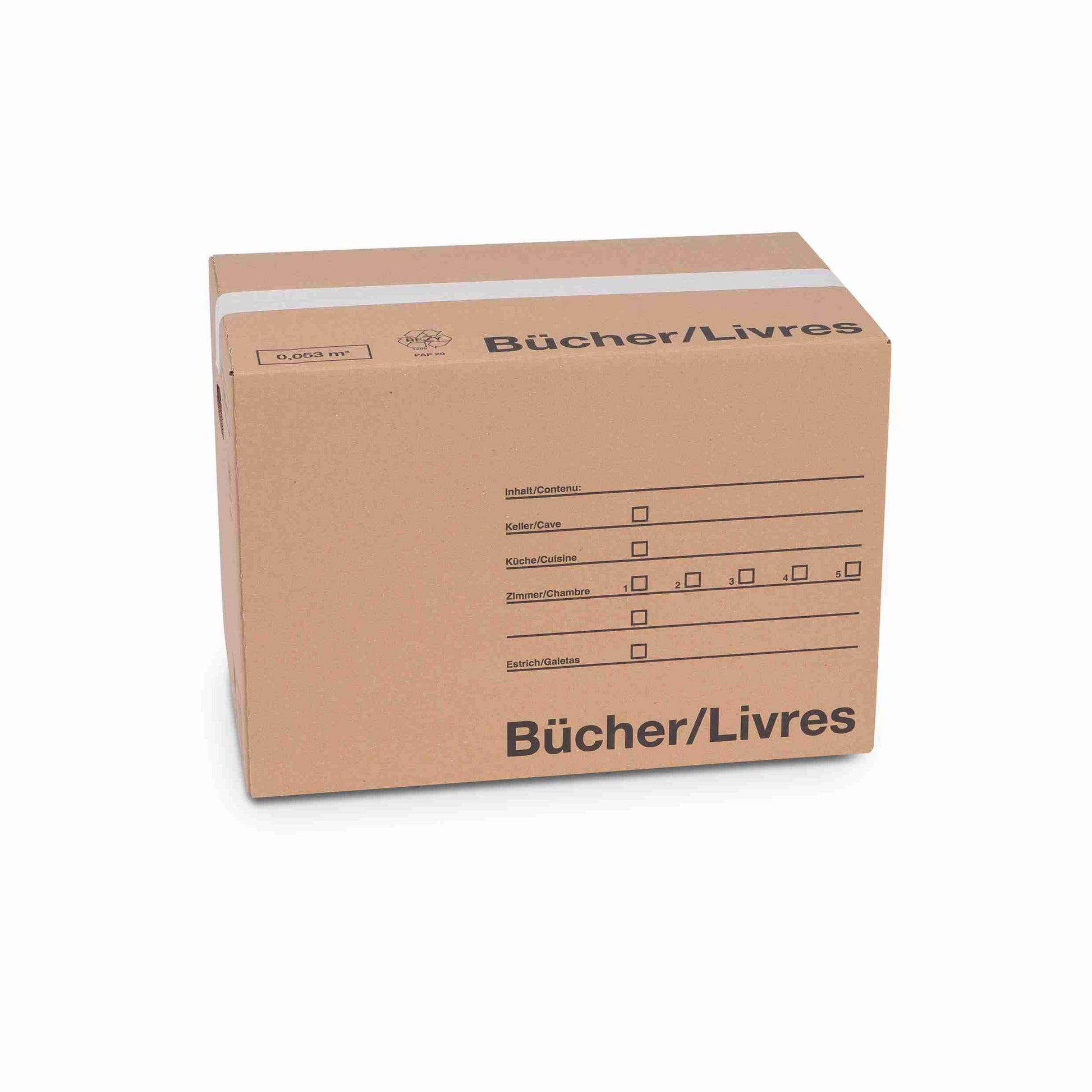 Model Umzugskarton – 490 × 288 × 330 mm, braun, Wellkarton, Grifflöcher, Formularfelder – 1 Palette (260 Stk.)
