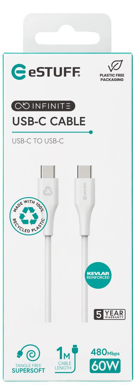 eSTUFF USB-C auf USB-C Kabel – USB 2.0 (480 Mbit/s) – 1 m – PD 60 W – PVC – Weiss – für alle USB-C-Geräte
