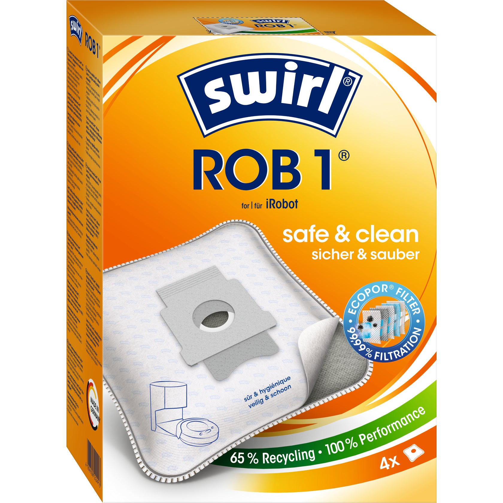 Swirl Staubbeutel ROB 1 – 4 Stück, für iRobot Clean Base, Roomba i1+/i3+/i4+ und andere