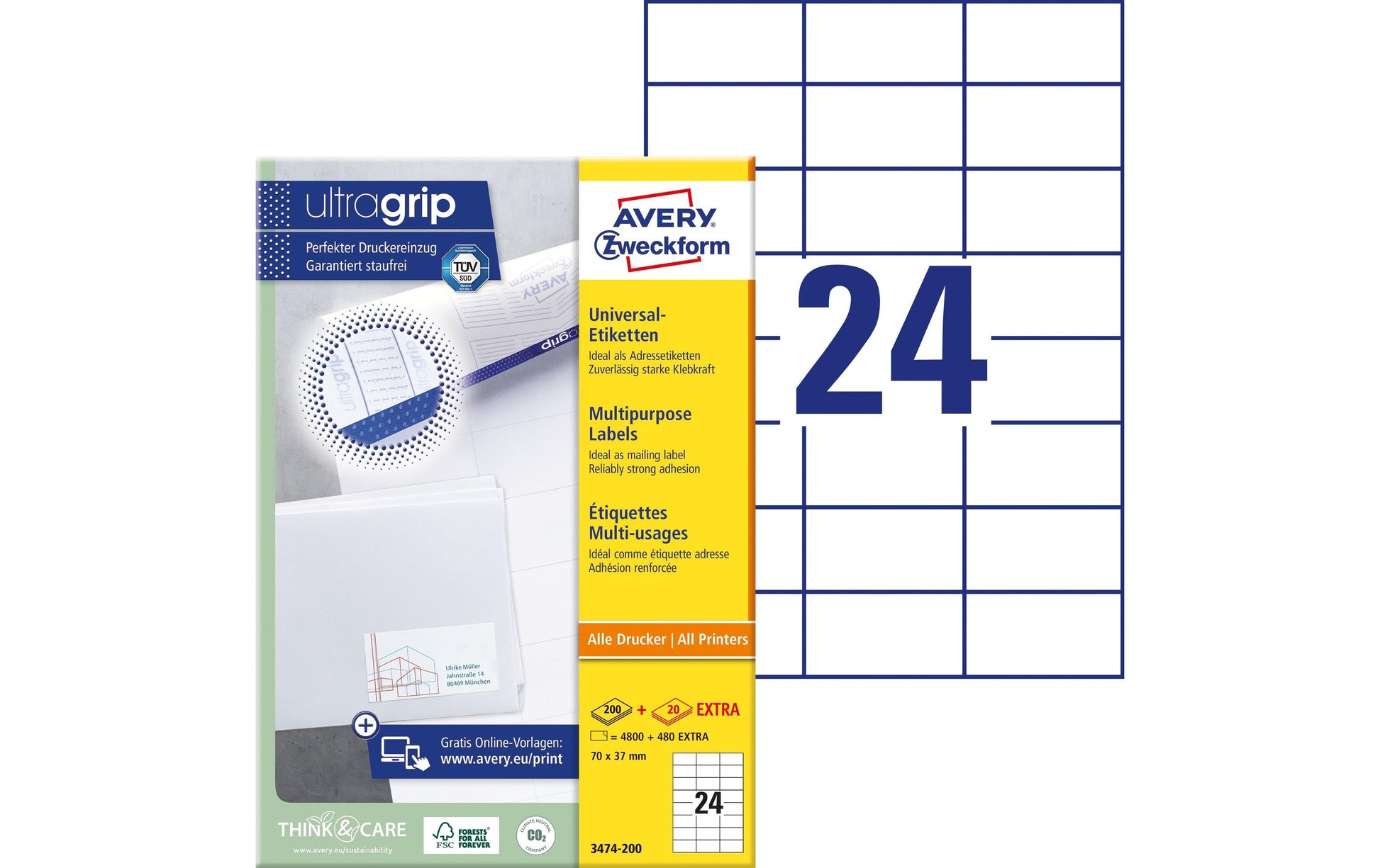 Avery Druckeretiketten, 70 mm × 37 mm, weiss, Papier, permanent, 5280 Etiketten (220 Blatt)
