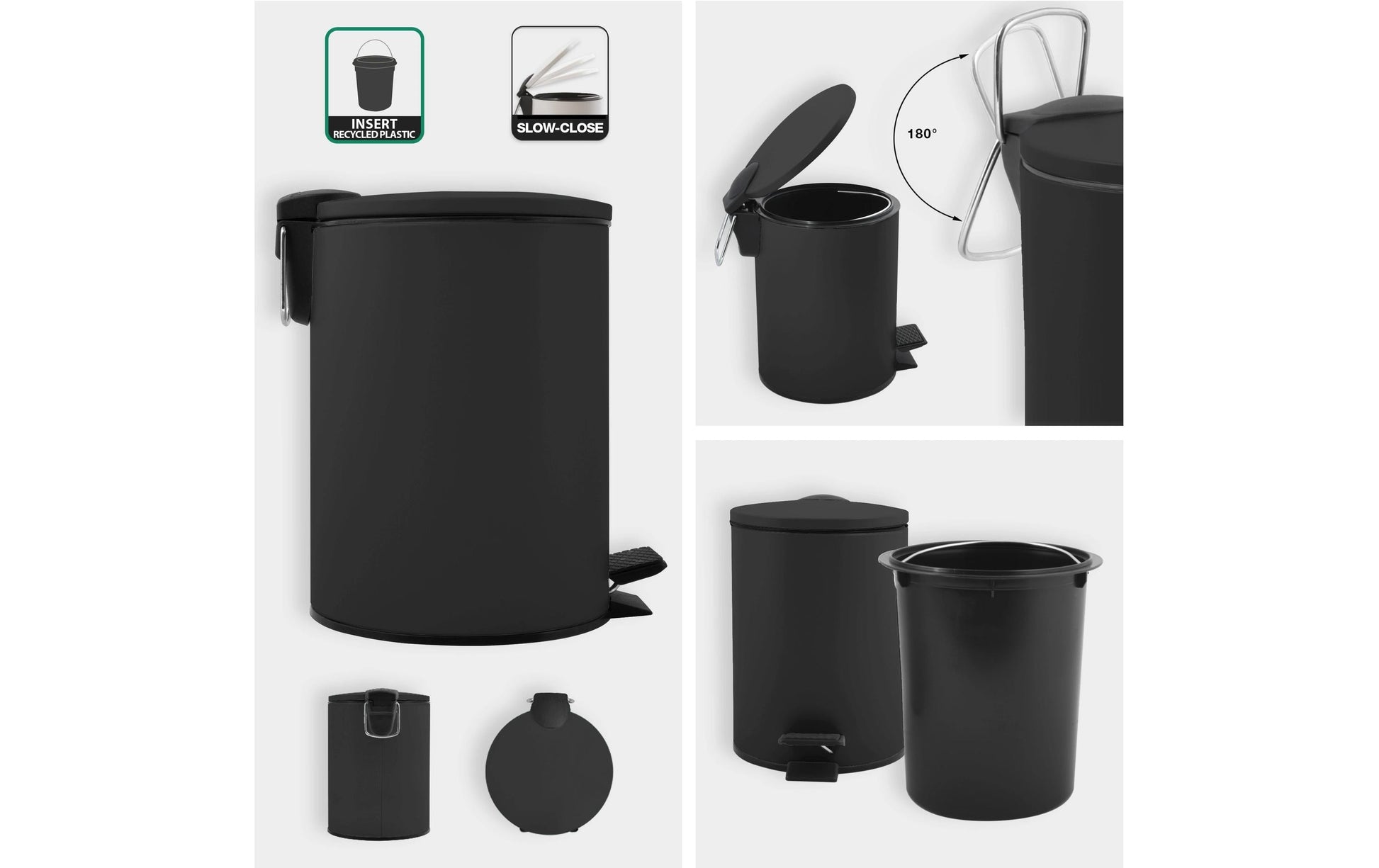 Spirella Papierkorb Adelar – 3 l – Stahl, schwarz matt – B × H × T 168 × 228 × 250 mm