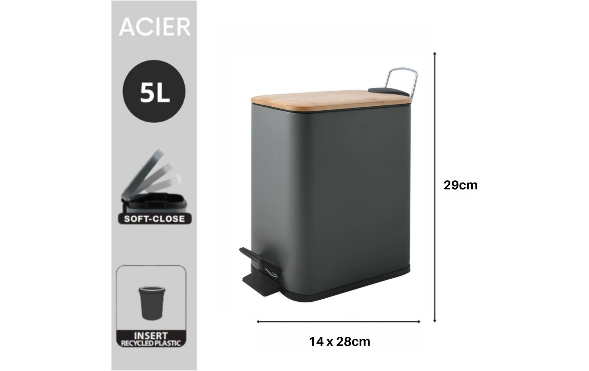 Spirella Tisch-Abfallbehälter – 5 l, mit Deckel, Stahl, grau – B × H × T 140 × 290 × 280 mm