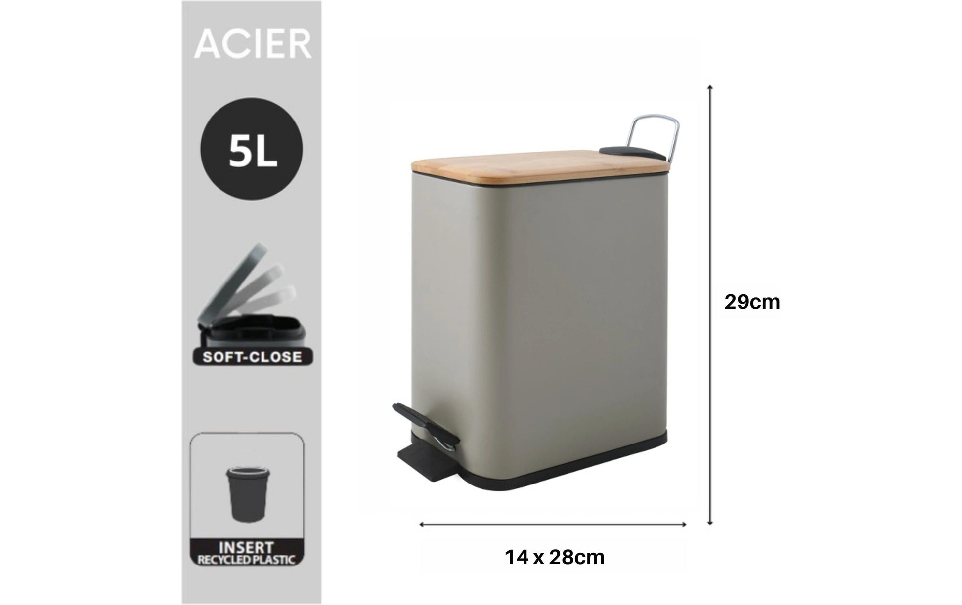 Spirella Papierkorb – 5 l – Stahl, Taupe – B × H × T 140 × 290 × 280 mm