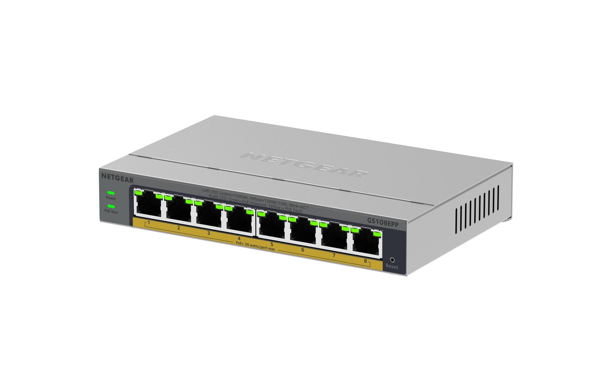 NETGEAR GS108EP – Unmanaged Switch – 5× 1G, 4× PoE+, PoE-Budget 123 W, Desktop