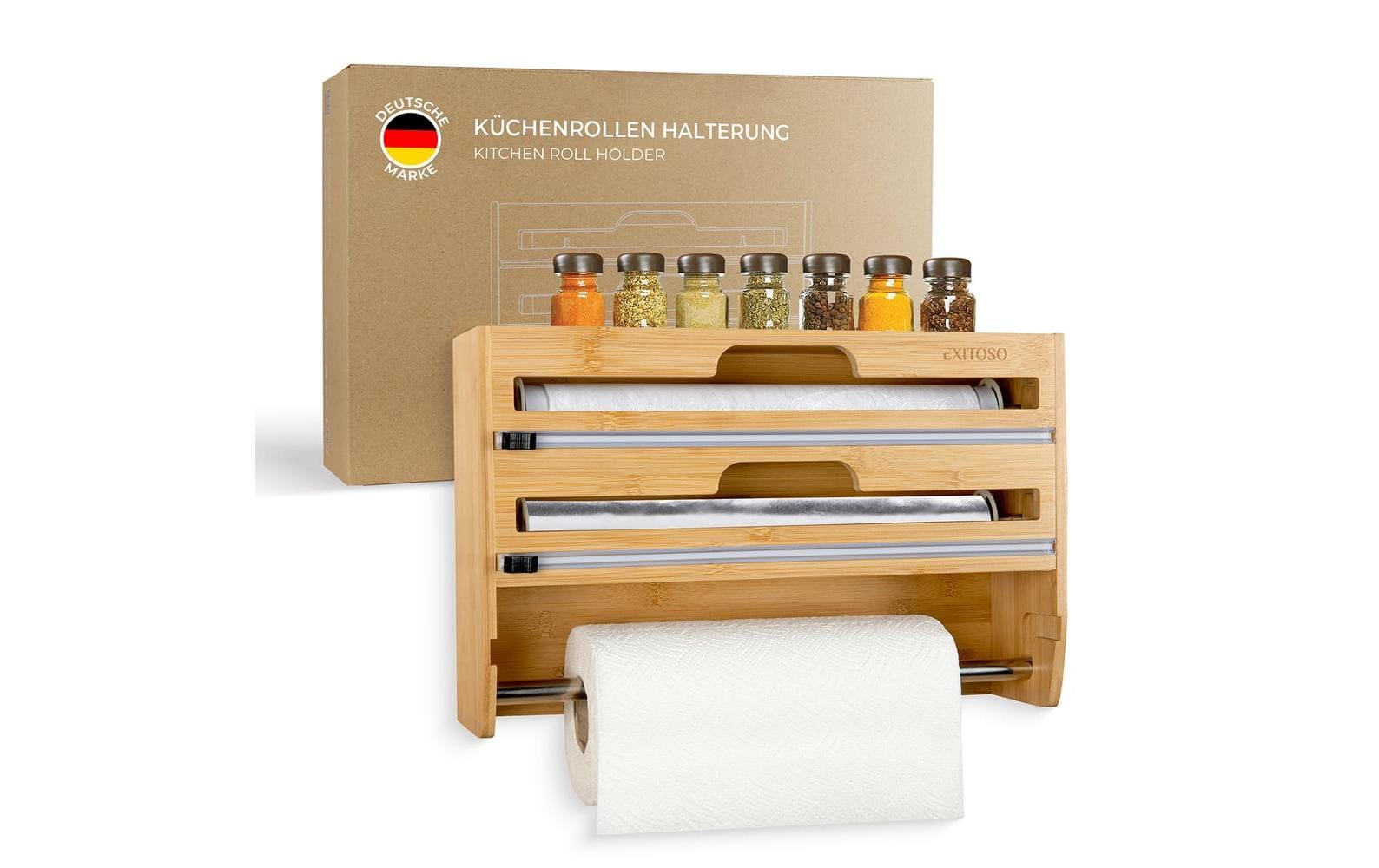 Exitoso Küchenrollenhalter, Holz, 10 × 37,3 × 24 cm, Braun, wandmontiert, für Alufolie und Plastikfolie