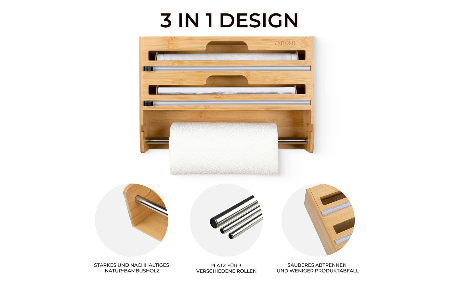 Exitoso Küchenrollenhalter, Holz, 10 × 37,3 × 24 cm, Braun, wandmontiert, für Alufolie und Plastikfolie