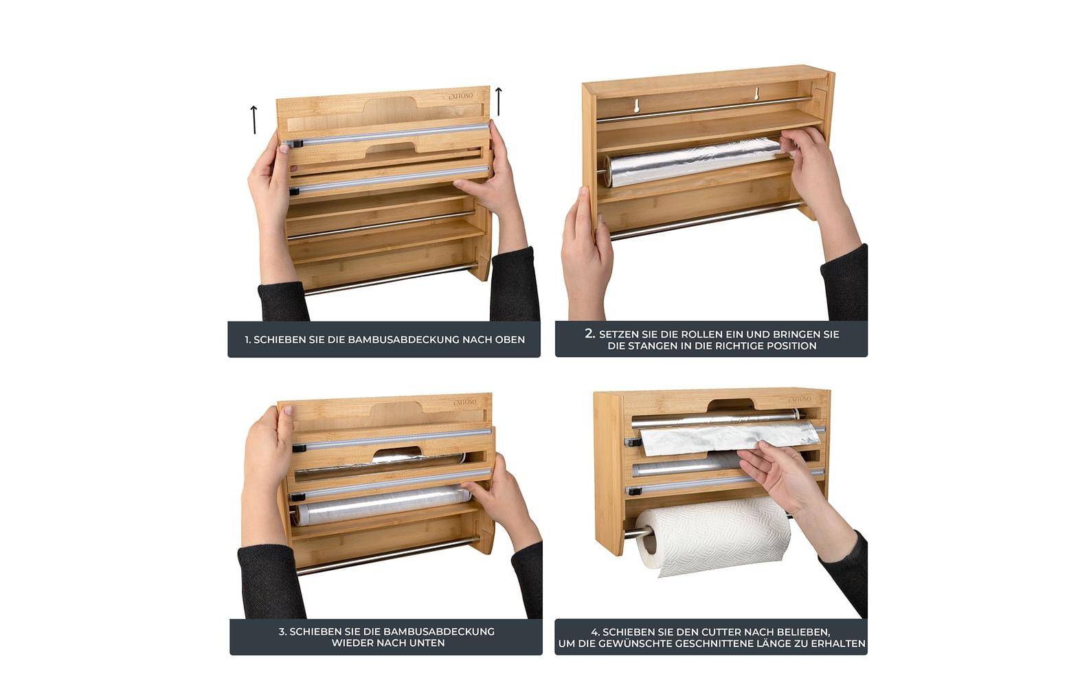 Exitoso Küchenrollenhalter, Holz, 10 × 37,3 × 24 cm, Braun, wandmontiert, für Alufolie und Plastikfolie