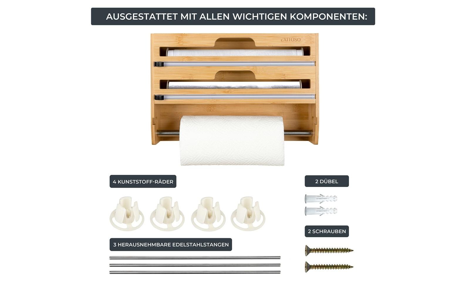 Exitoso Küchenrollenhalter, Holz, 10 × 37,3 × 24 cm, Braun, wandmontiert, für Alufolie und Plastikfolie