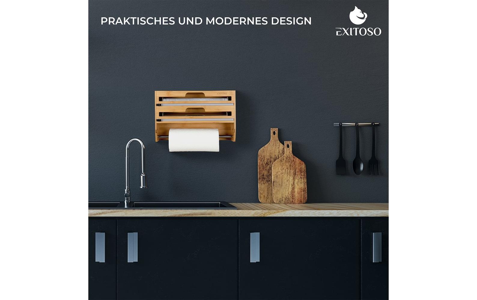Exitoso Küchenrollenhalter, Holz, 10 × 37,3 × 24 cm, Braun, wandmontiert, für Alufolie und Plastikfolie