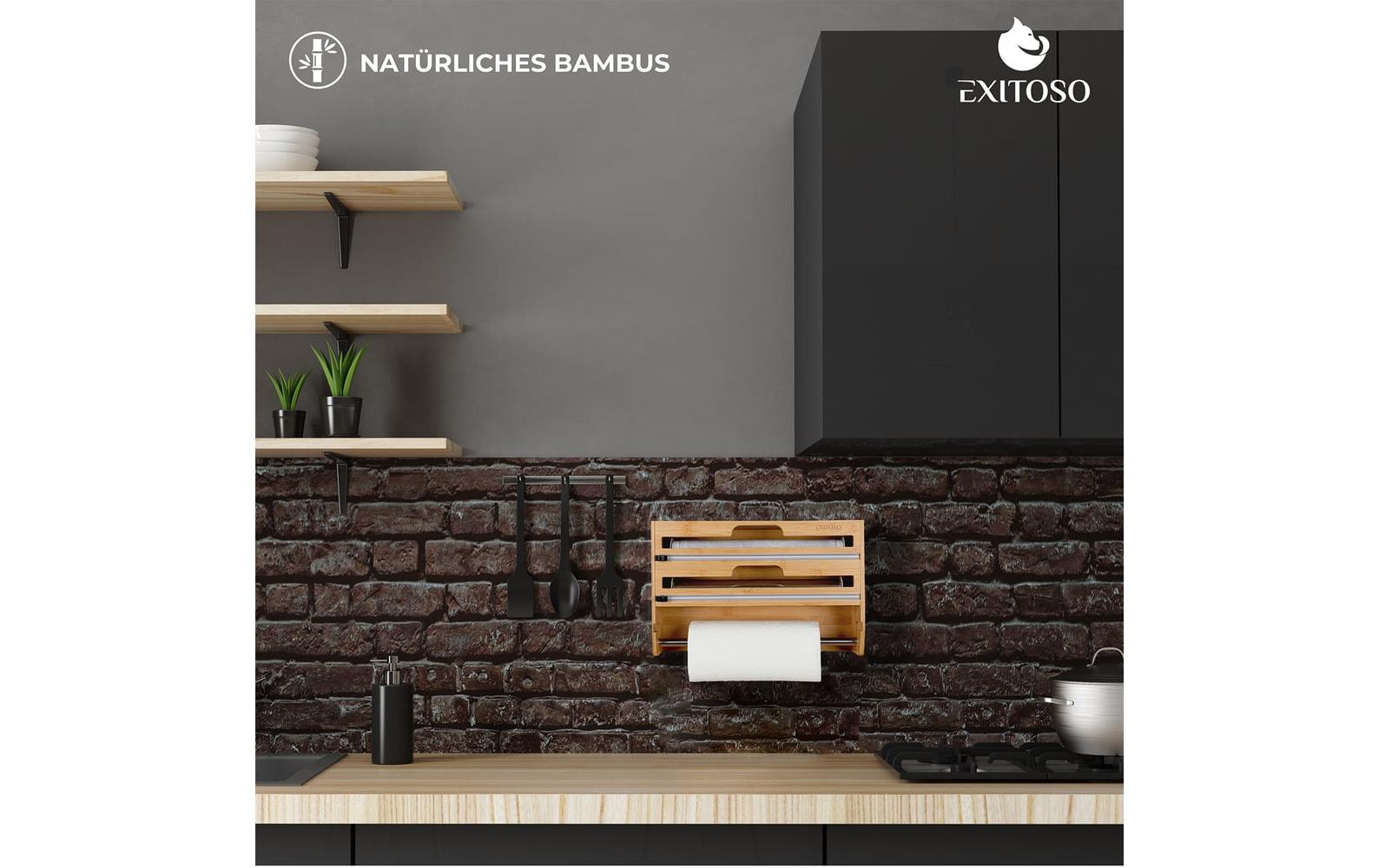 Exitoso Küchenrollenhalter, Holz, 10 × 37,3 × 24 cm, Braun, wandmontiert, für Alufolie und Plastikfolie