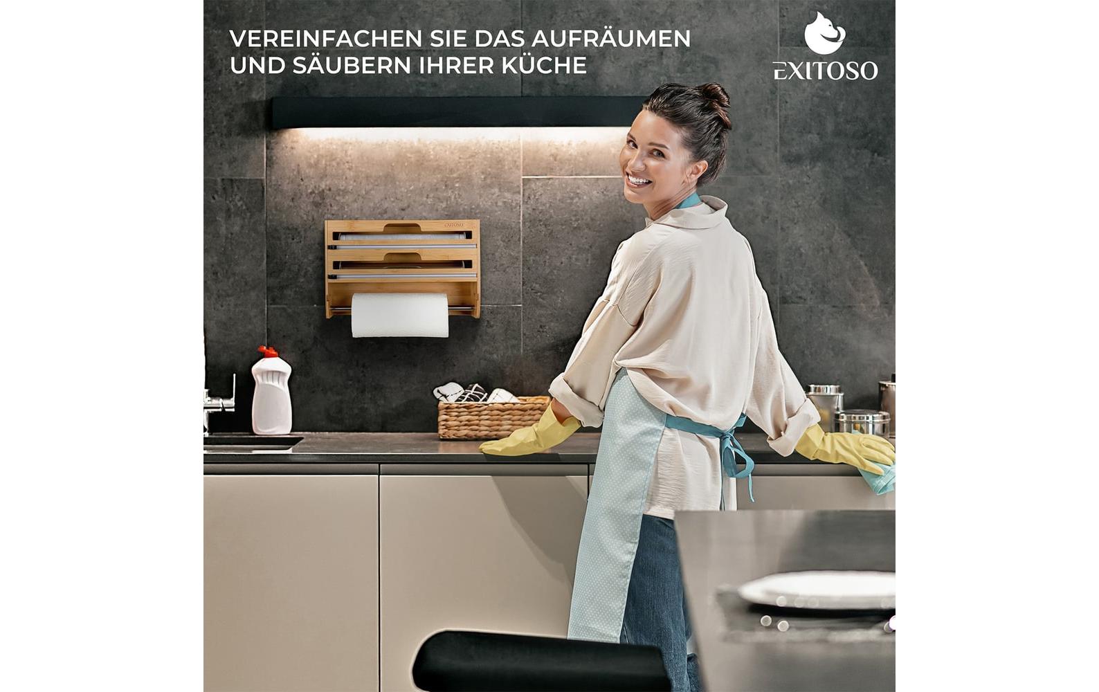 Exitoso Küchenrollenhalter, Holz, 10 × 37,3 × 24 cm, Braun, wandmontiert, für Alufolie und Plastikfolie
