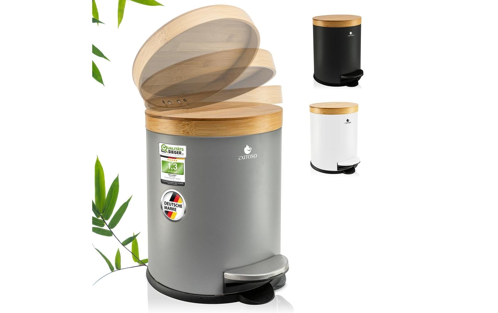 Exitoso Tisch-Abfallbehälter – 5 l – mit Deckel – Holz, Grau – Ø 220 × H 285 mm