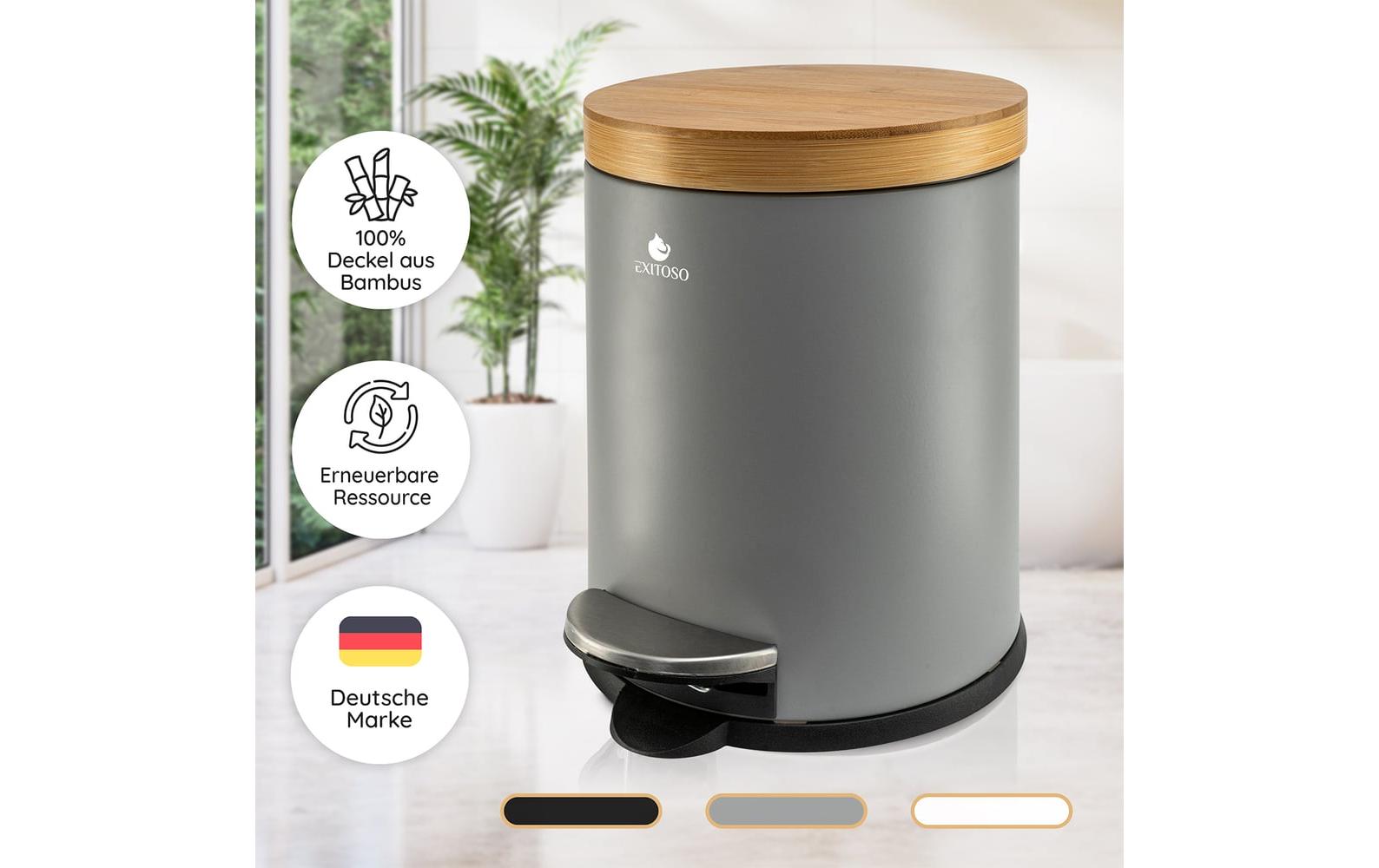 Exitoso Tisch-Abfallbehälter – 5 l – mit Deckel – Holz, Grau – Ø 220 × H 285 mm