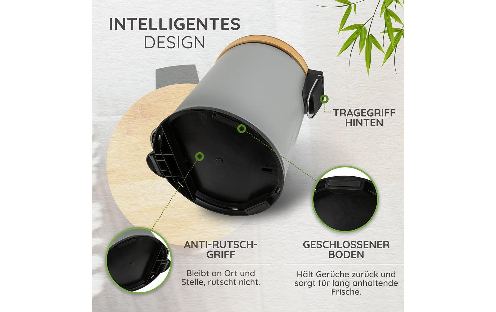 Exitoso Tisch-Abfallbehälter – 5 l – mit Deckel – Holz, Grau – Ø 220 × H 285 mm