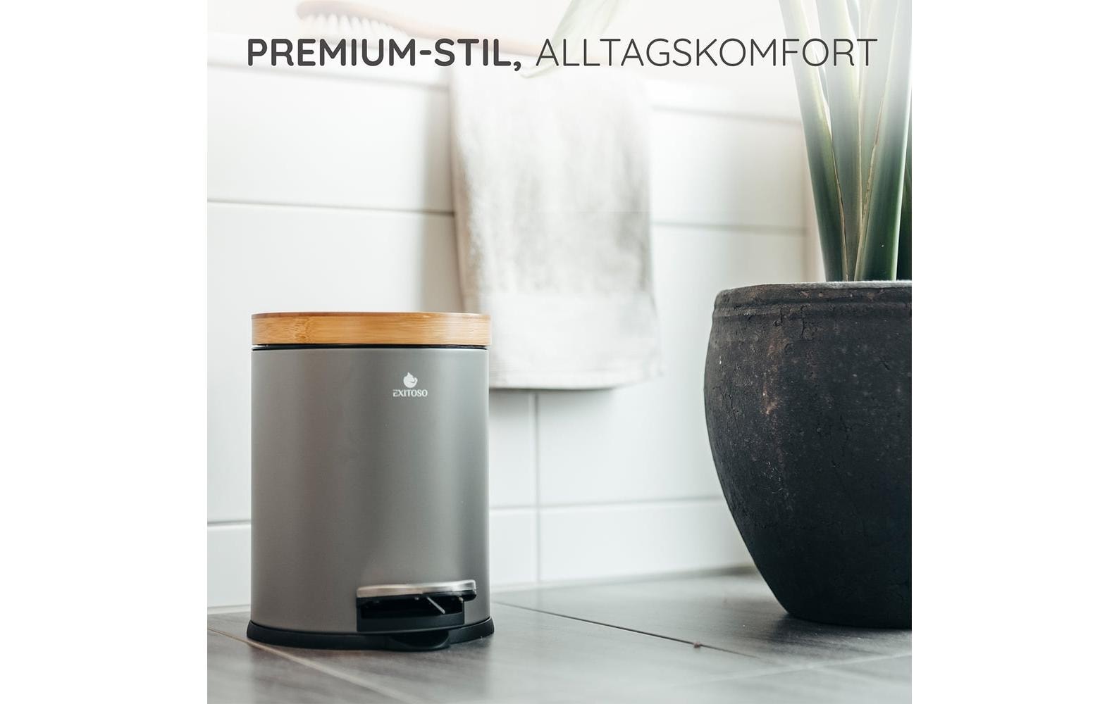 Exitoso Tisch-Abfallbehälter – 5 l – mit Deckel – Holz, Grau – Ø 220 × H 285 mm