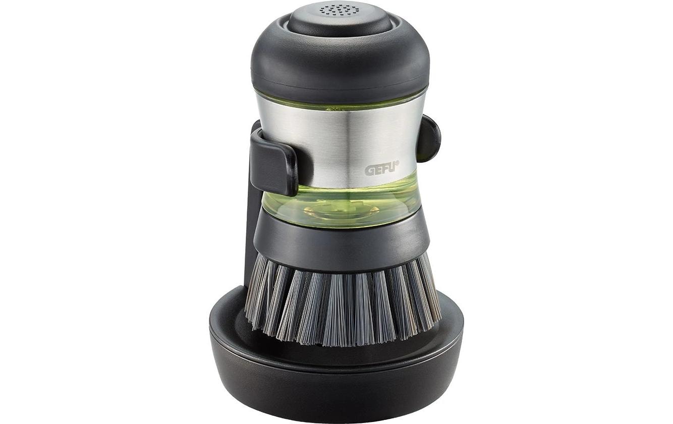 GEFU SWIFT Abwaschbürste – Kunststoff, Edelstahl, 12 cm, Schwarz, mit integriertem Seifenspender (50 ml)