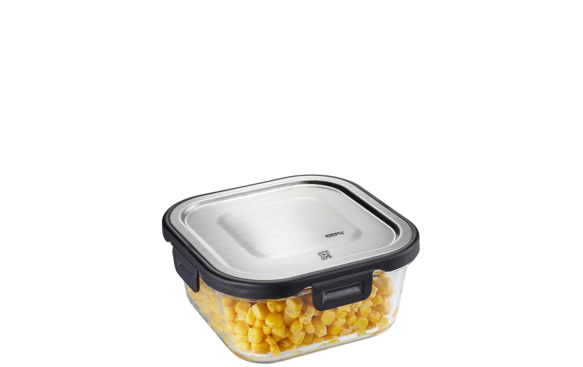 GEFU MILO – Vorratsdose 800 ml, 15,5 × 15,5 × 7,2 cm, Glas (Borosilikat), transparent/schwarz