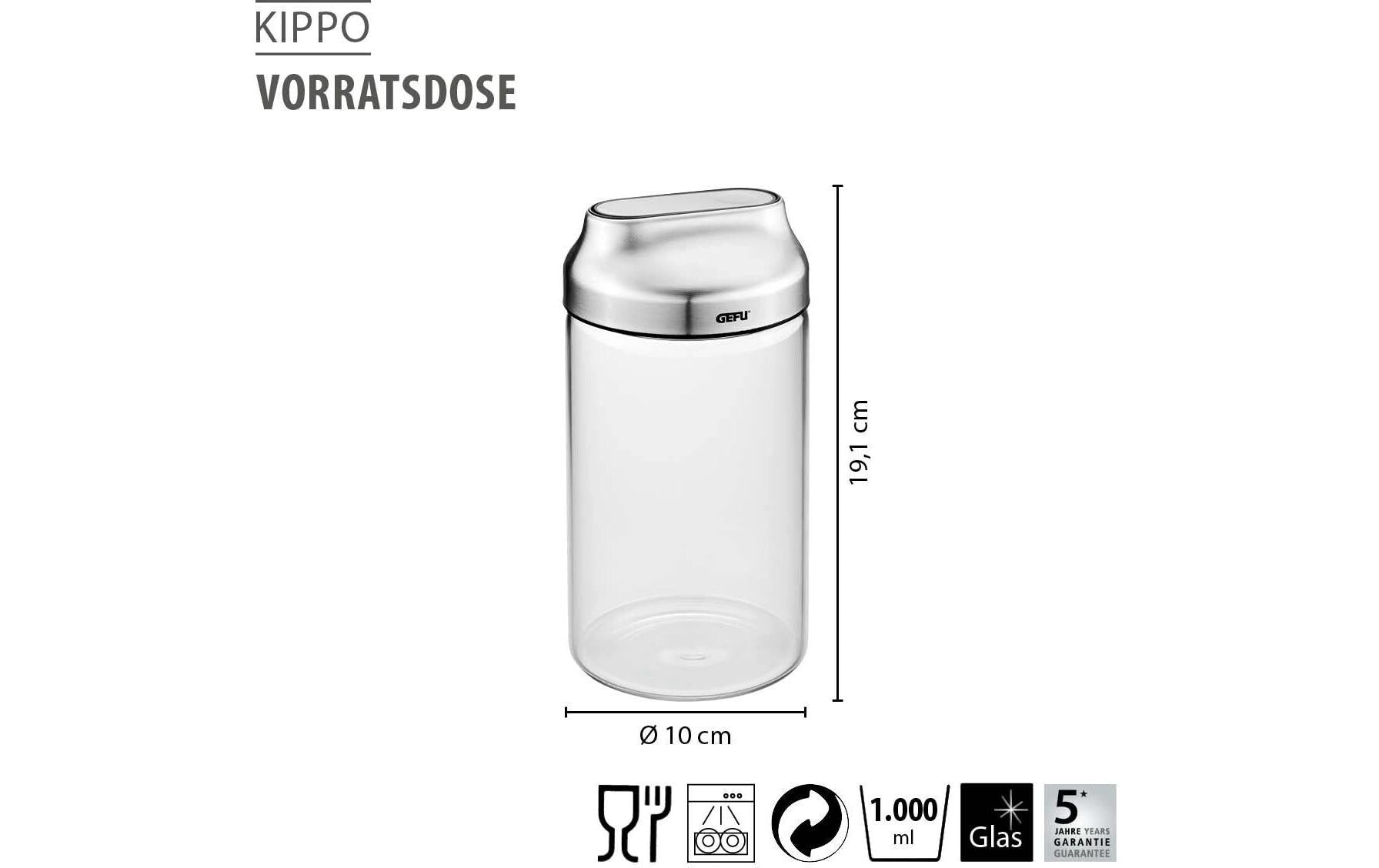 GEFU Vorratsdose 1 l, Ø 10 × 19,1 cm, Glas (Borosilikat)/Edelstahl, luftdicht, transparent