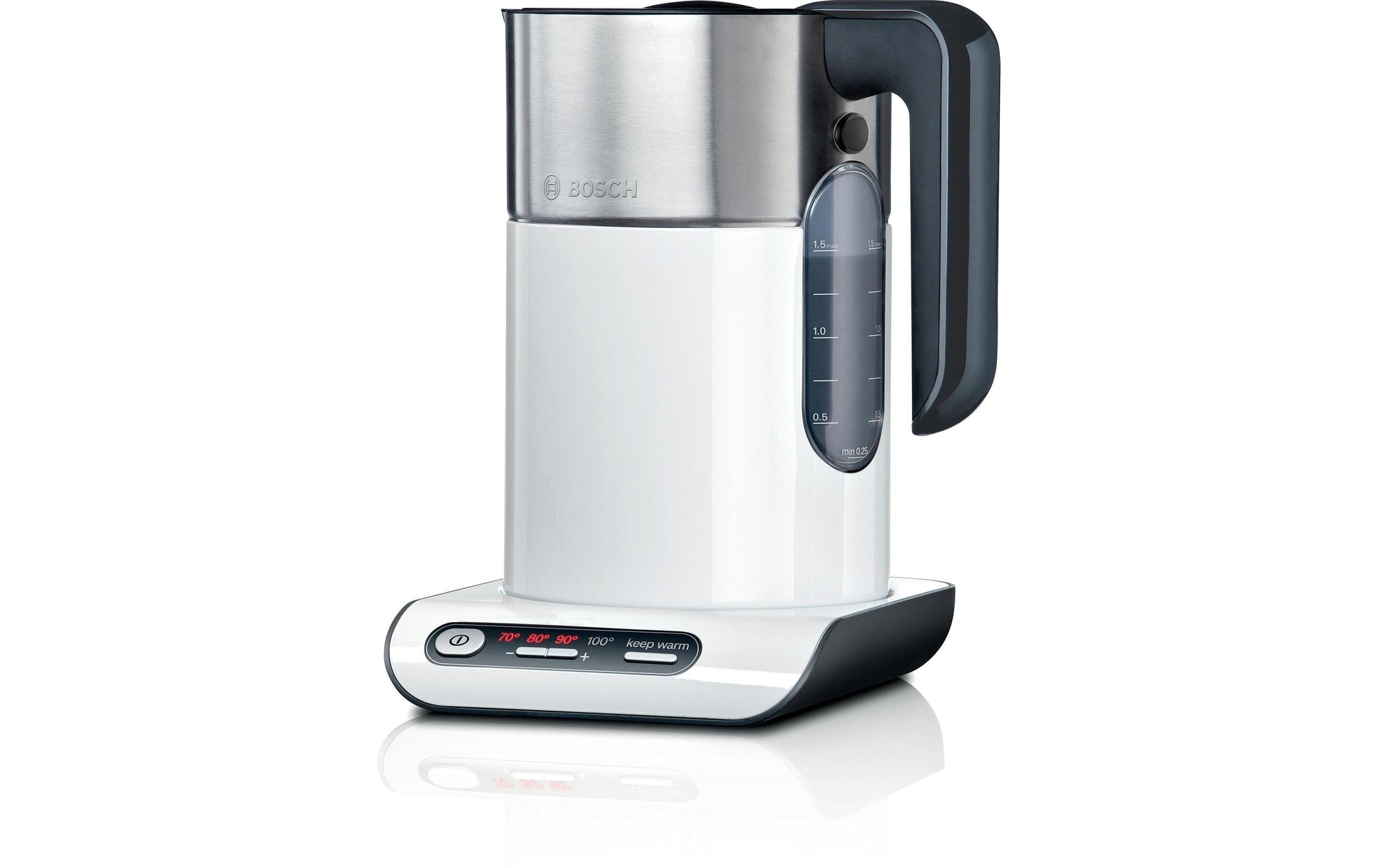 Bosch Wasserkocher TWK8611P – 1,5 l – Temperaturwahl – Anthrazit/Edelstahl/Weiss