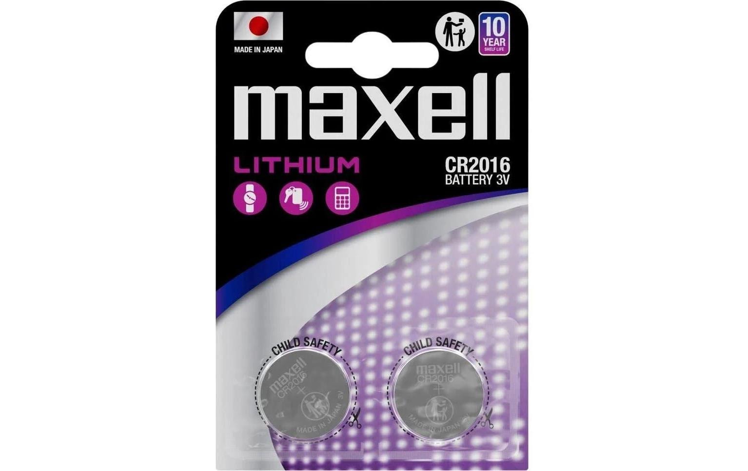 Maxell Knopfzellen CR2016, Lithium-Mangandioxid, 3 V – 2 Stk.