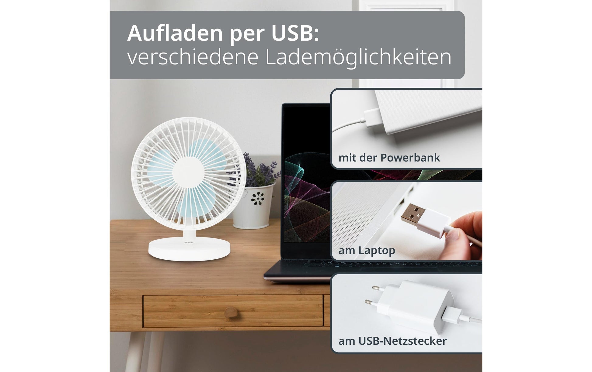 ADE USB-Tischventilator VT2302-2 – 18 cm, 3 Stufen, 22 dB, Weiss