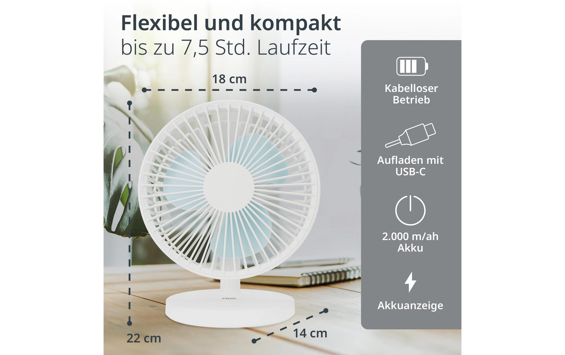ADE USB-Tischventilator VT2302-2 – 18 cm, 3 Stufen, 22 dB, Weiss