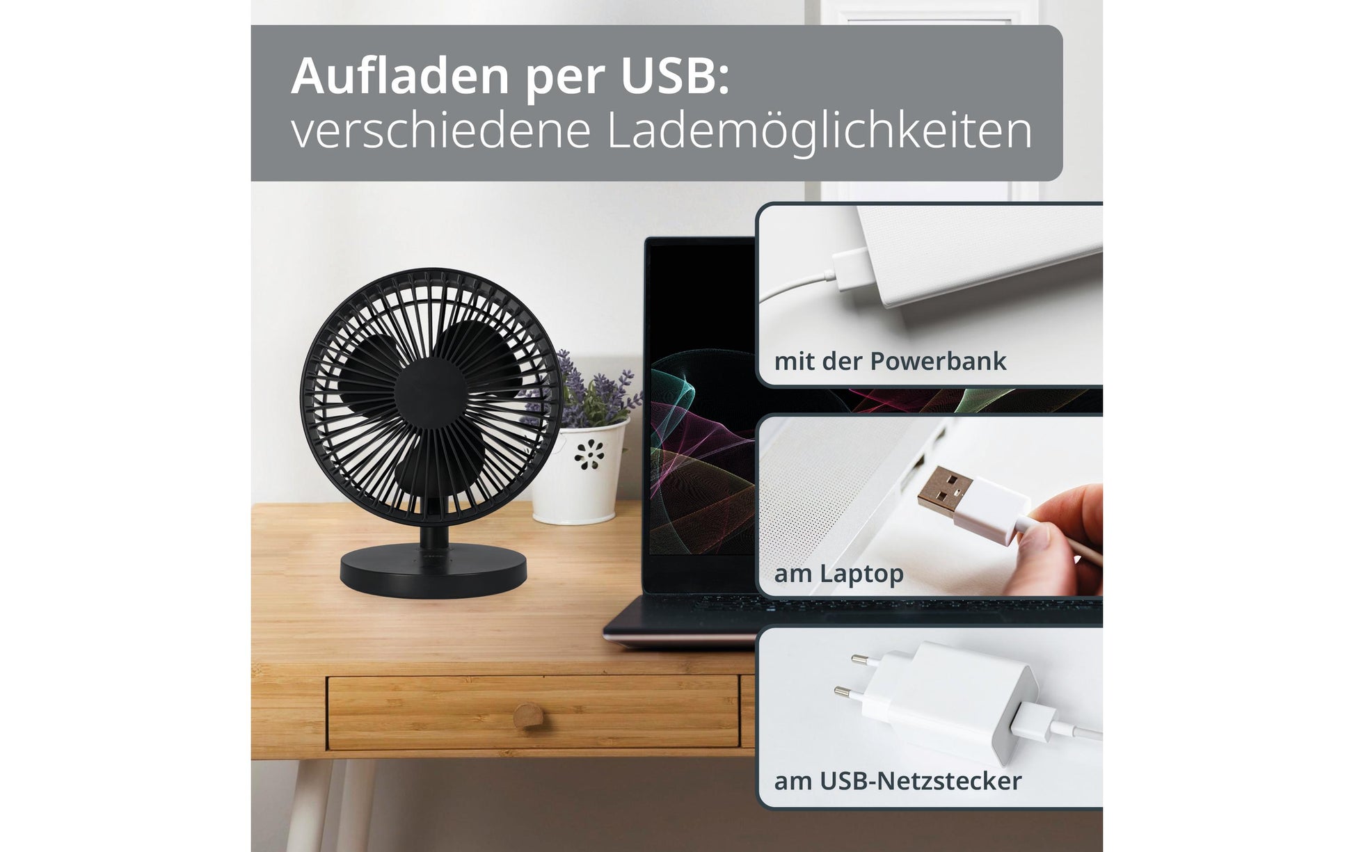 ADE USB-Tischventilator – 18 cm, 3 Stufen, 22 dB, Anthrazit