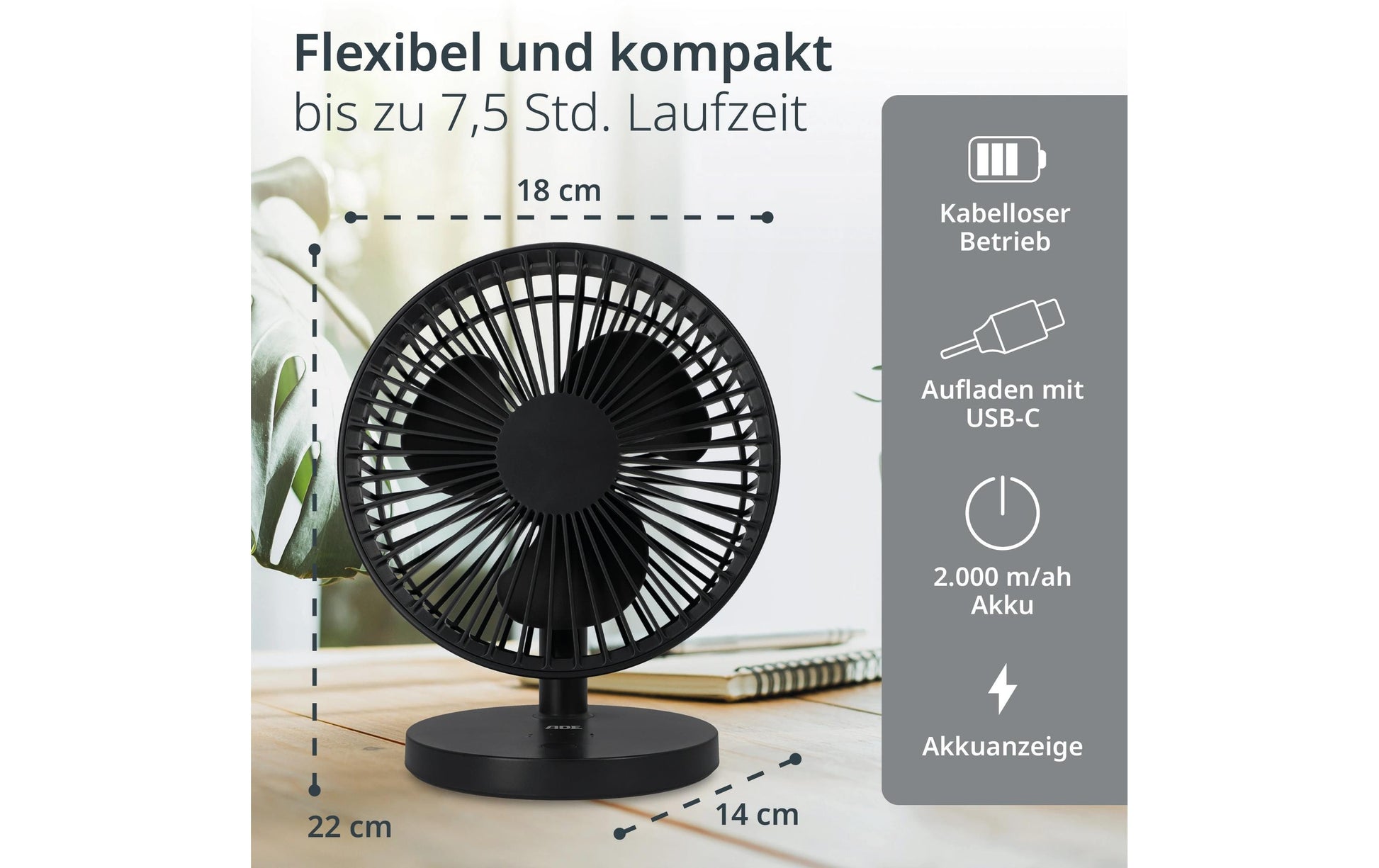 ADE USB-Tischventilator – 18 cm, 3 Stufen, 22 dB, Anthrazit