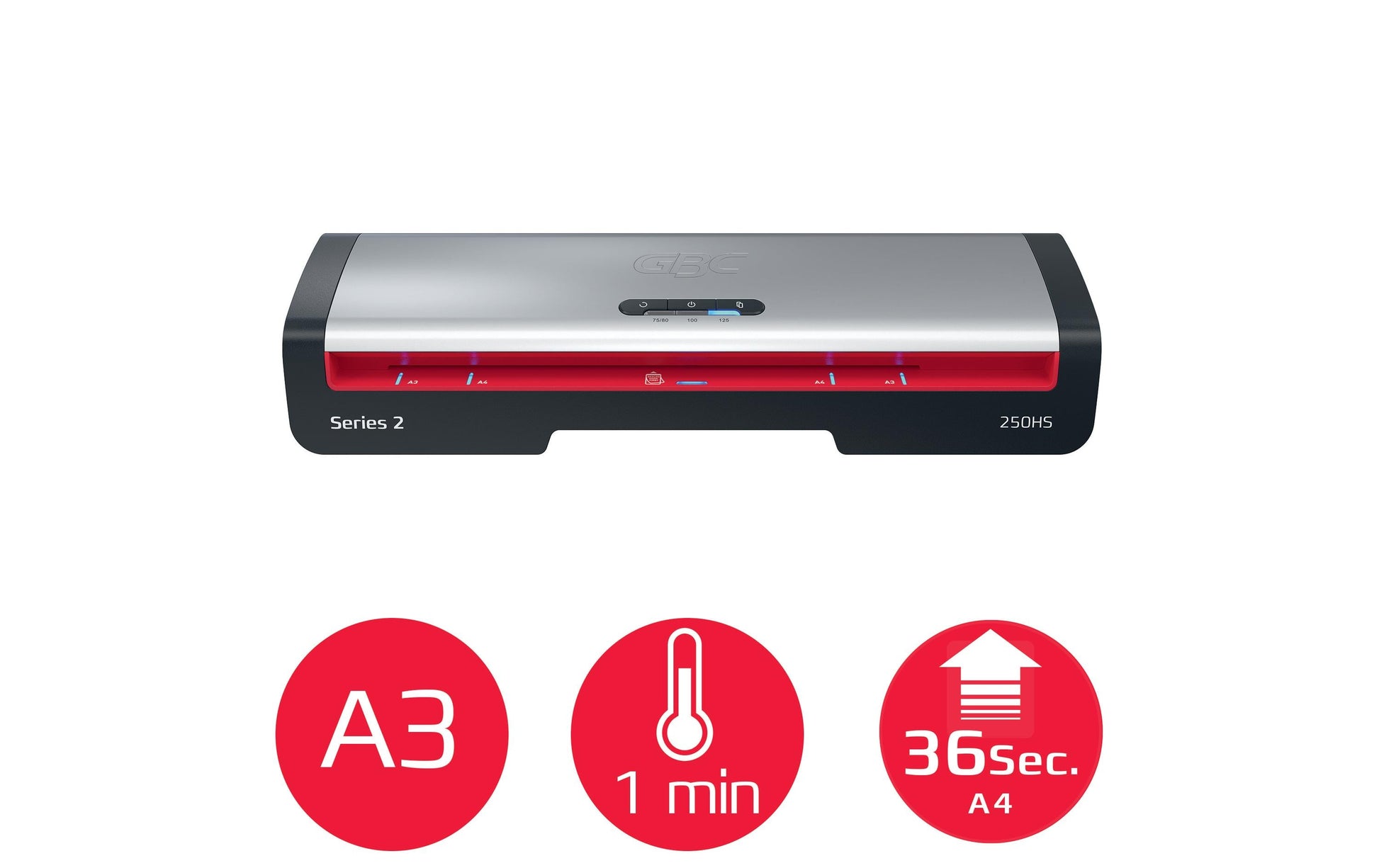 GBC 250HS Laminiergerät A3 – 2-Rollen, 75–125 µm, Aufheizzeit 1 Min., 500 mm/min, Silber