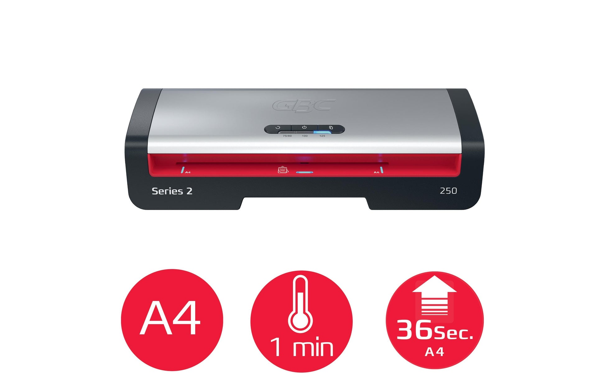 GBC Laminiersystem 250 Laminiergerät A4 – 2-Rollen, 75–125 µm, Aufheizzeit 1 Min., 500 mm/min, Silber