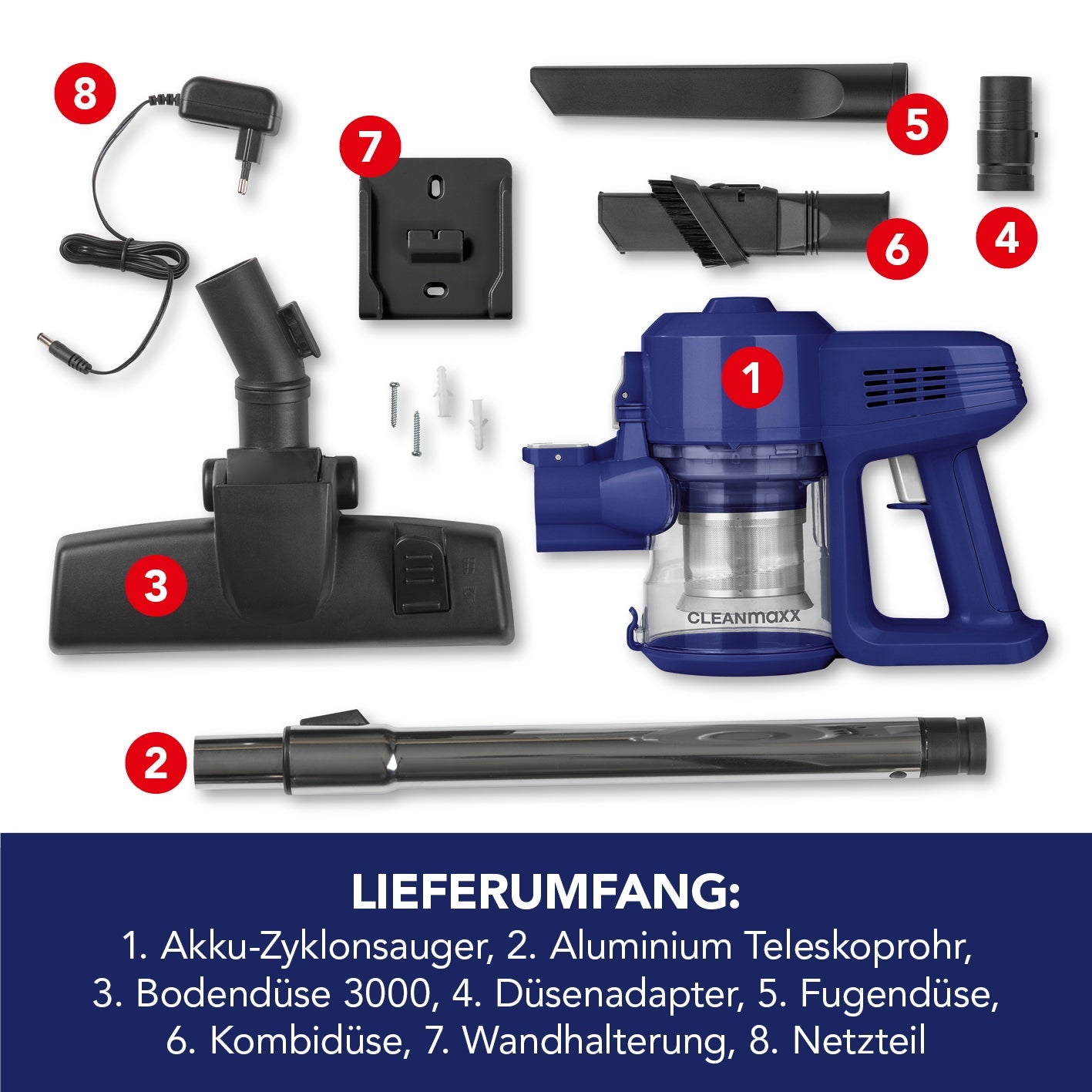 CLEANmaxx Akku-Zyklon-Staubsauger – 35 Min Laufzeit, Blau, Grau