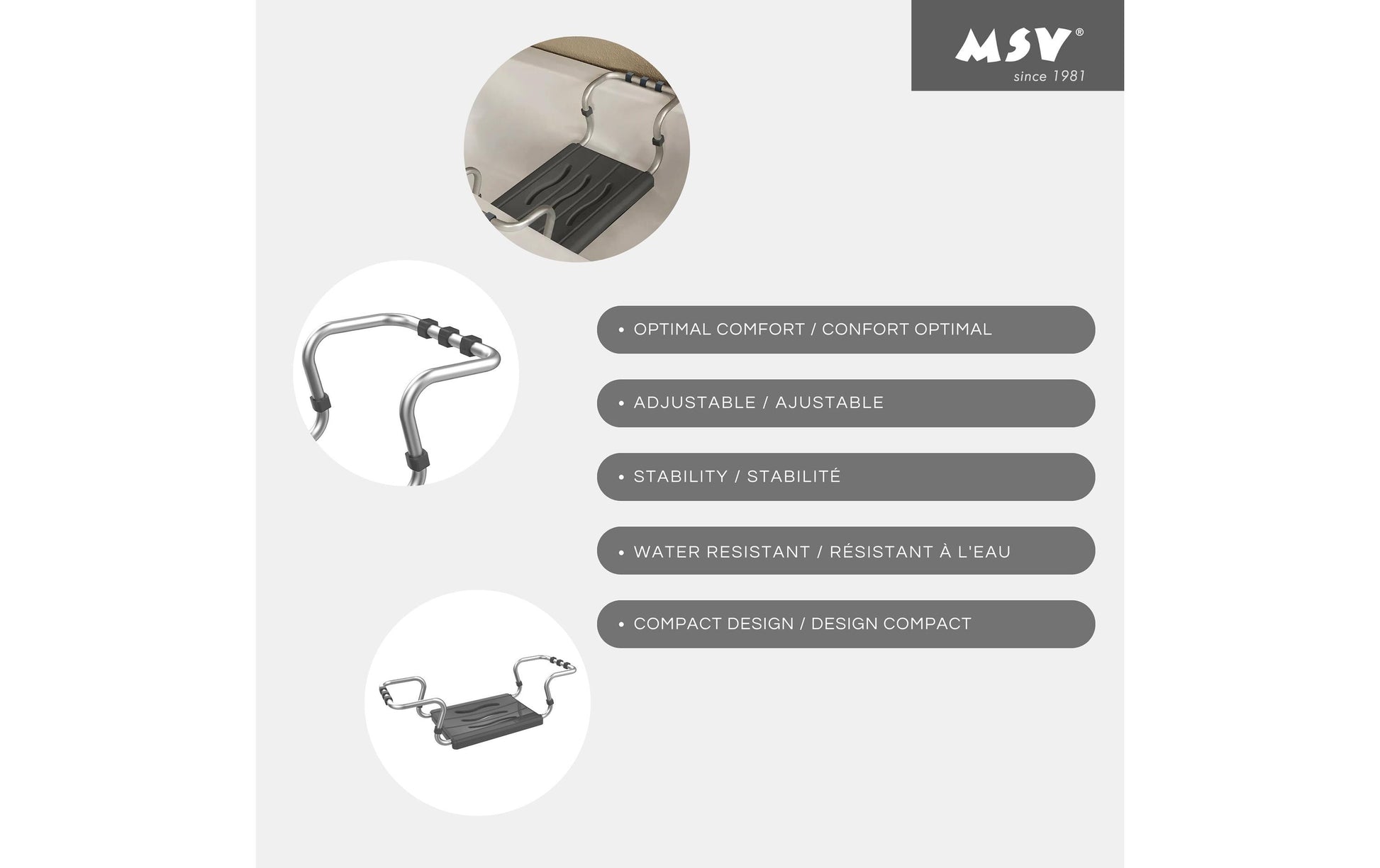 MSV Badewannensitz 140704 – 70×18,7×26,1 cm, Aluminium/Polypropylen (Sitz), 120 kg, Dunkelgrau