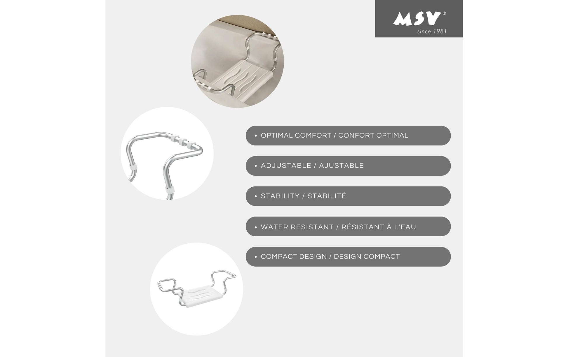MSV Badewannensitz – 70×18,7×26,1 cm, Aluminium/Polypropylen, 120 kg, Weiss
