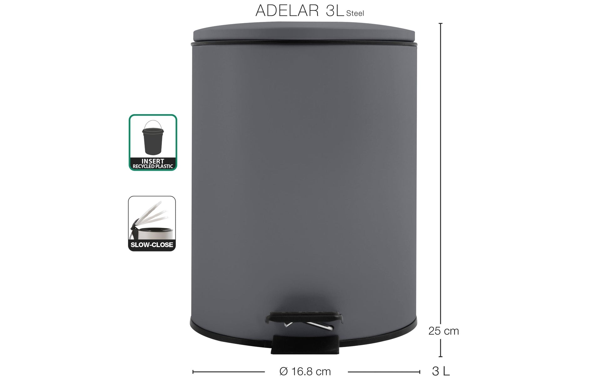 Spirella Treteimer Adelar – 3 l – Stahl, rund – dunkelgrau