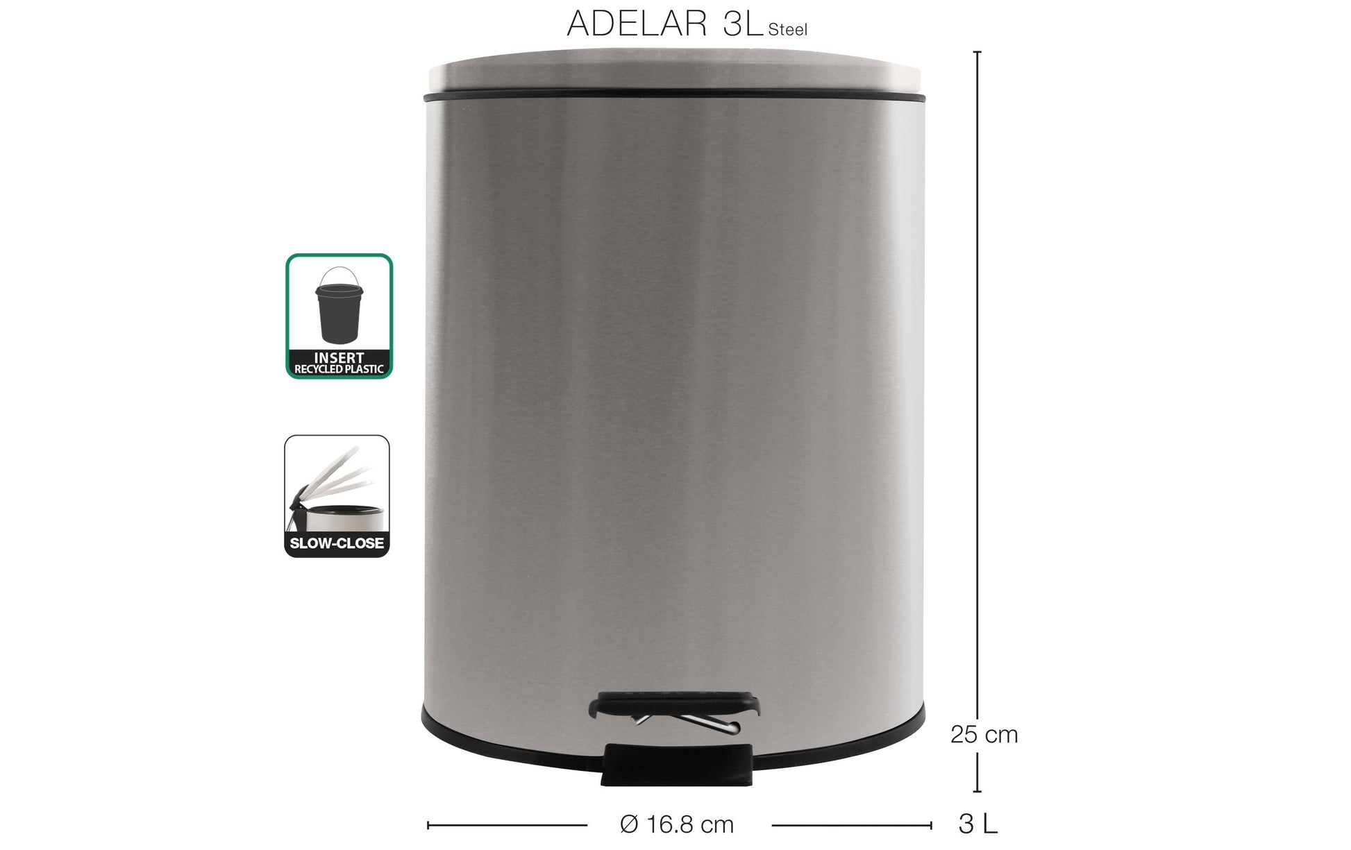 Spirella Papierkorb Adelar – 3 l – Stahl, Silber – Ø 168 × H 228 mm
