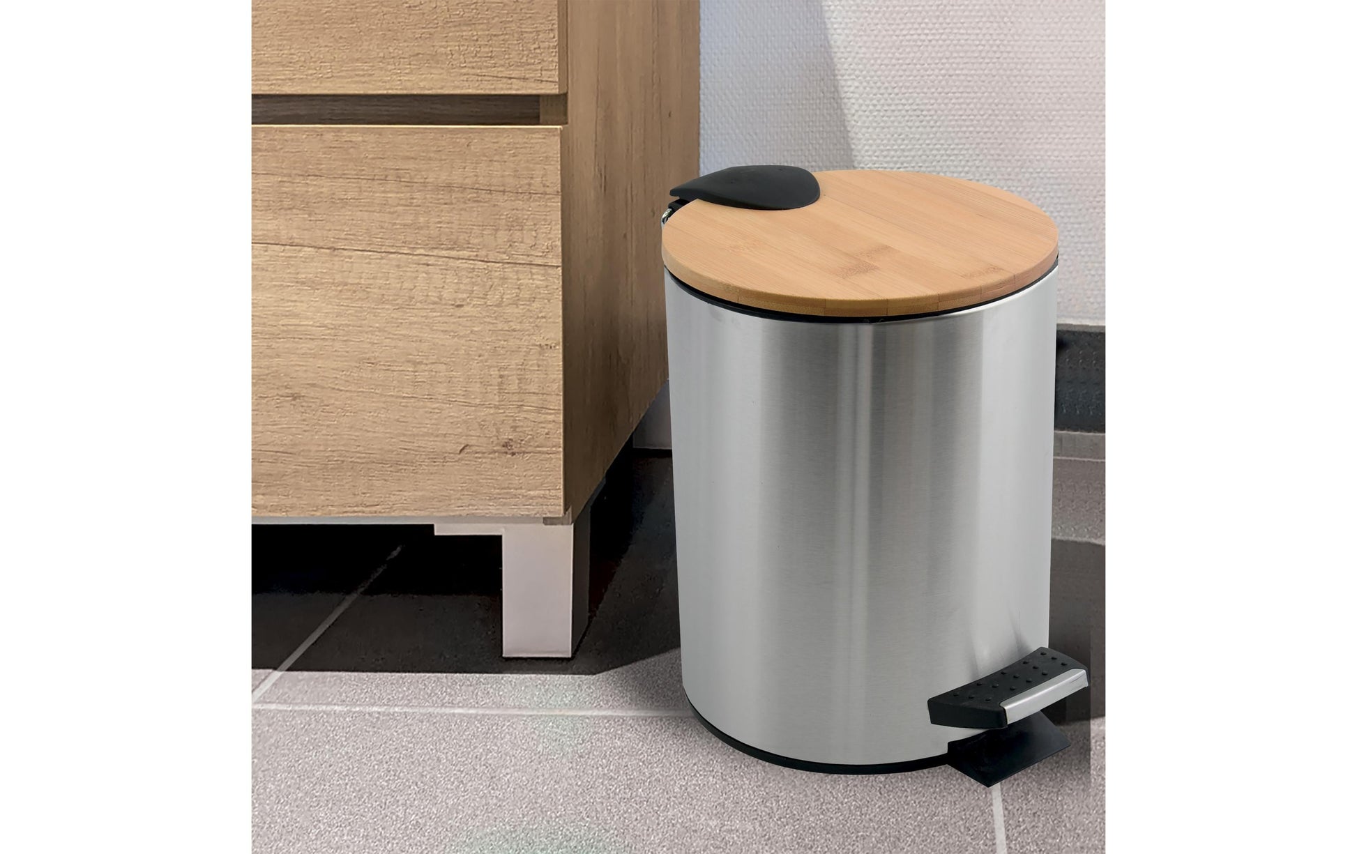 Spirella Treteimer Adonis – 5 l – Stahl/Bambus, rund – grau